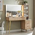 T4TREAM Fluted Makeup Vanity Desk with 36" HD Lighted Mirror, 48" Big Modern Vanity Desk with Mirror and Lights, Dressing Table with 5 Drawers & Shelves, Glass Top for Bedroom (Natural Oak)