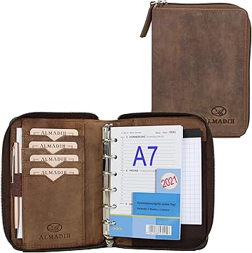 Almadih Leather A7 Organizer With Rings Zipper Calendar 2021 A7 Writing Pad Made From Premium Cow Leather Brown Vintage With Gift Box Personal Planner Conference Folder System Ring Binder Amazon Co Uk kalender 2021 a7