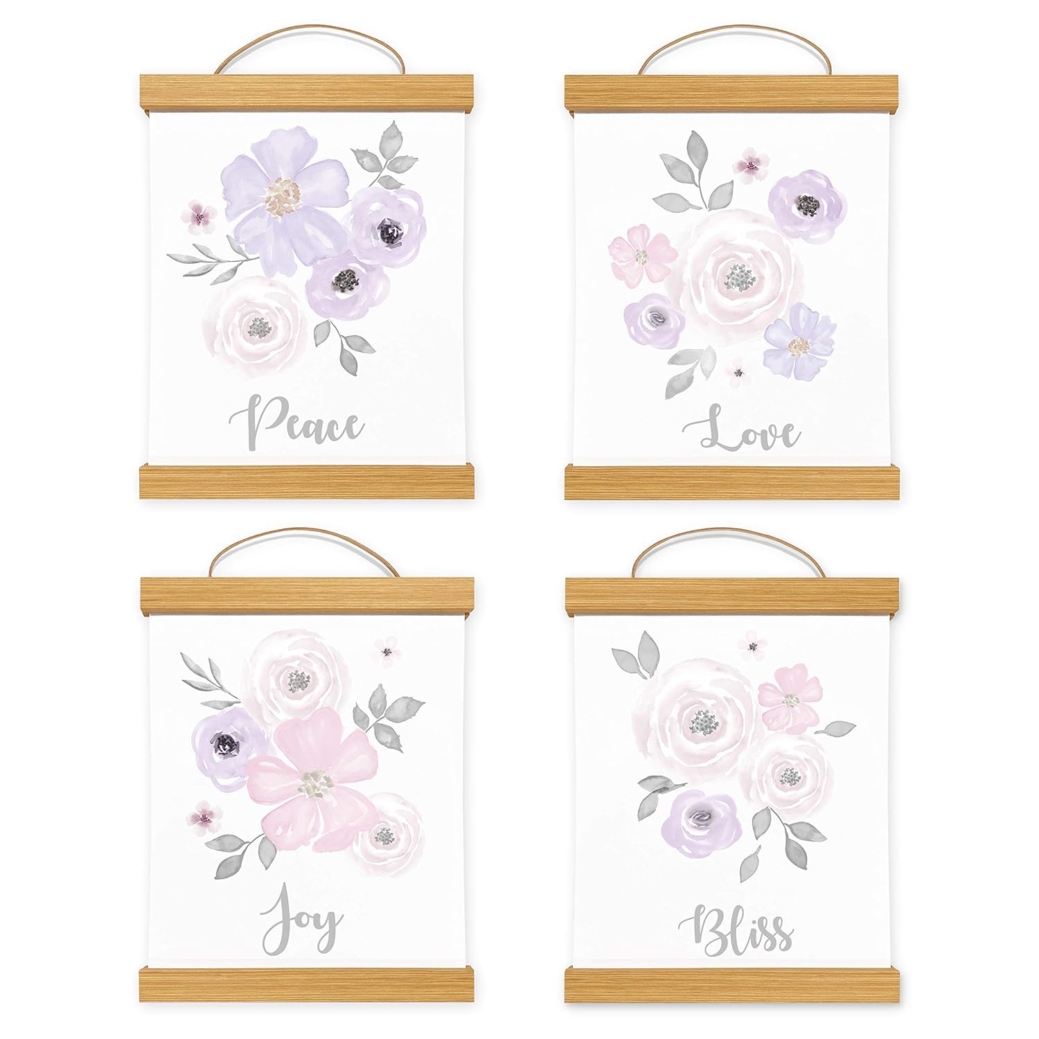 Framed Sweet Jojo Designs Lavender Purple Pink Grey White Wall Art Prints Room Decor Baby Nursery Kid Watercolor Floral Collection - Set of 4 - Peace Love Joy Bliss With Wooden Hanging Magnetic Frames