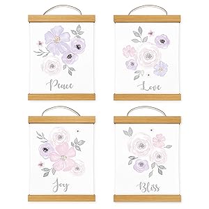 Framed Sweet Jojo Designs Lavender Purple Pink Grey White Wall Art Prints Room Decor Baby Nursery Kid Watercolor Floral Collection - Set of 4 - Peace Love Joy Bliss With Wooden Hanging Magnetic Frames