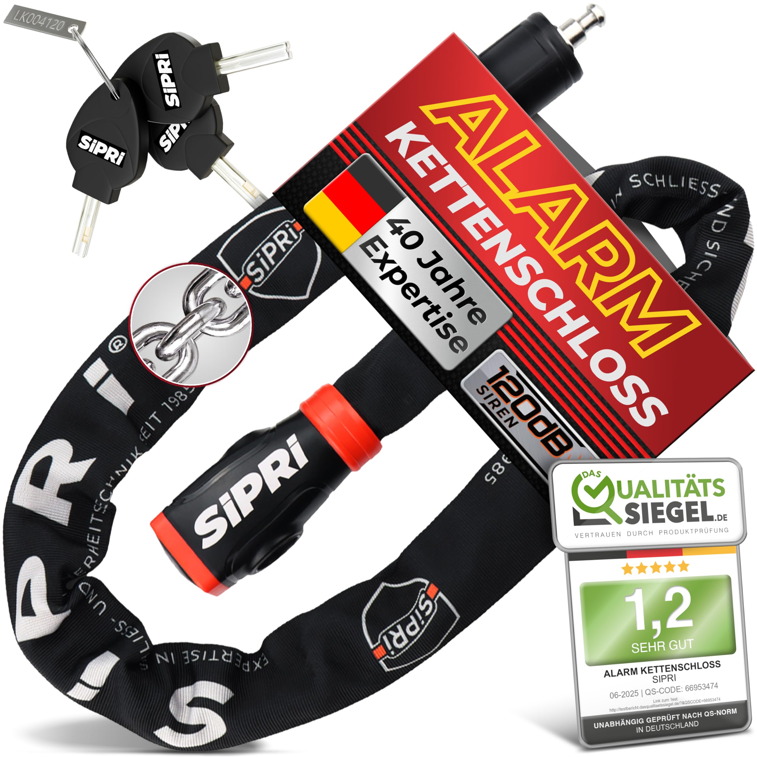 SIPRI® Fahrradschloss mit Alarm 120 dB | Kettenschloss Fahrradschloss hohe Sicherheit für E-Bike, E-Scooter & Motorrad | 8 mm Stahl, wetterfest, robust & langlebiges Schloss mit Schlüssel