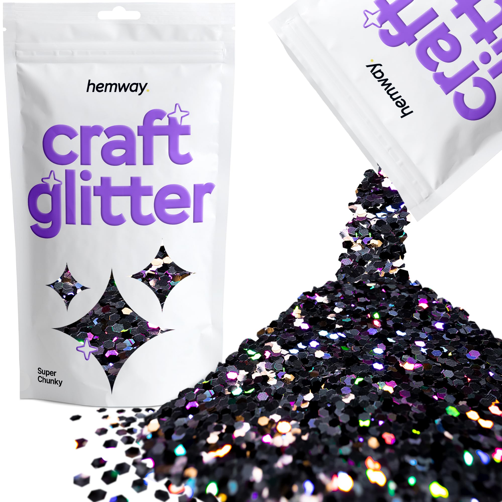 Hemway Craft Glitter Black Holographic 100g Super Chunky Glitter for Crafts, Resin, Cosmetic, Nail, Face, Body, Festival, Tumblers, Art, Candle, Crafting