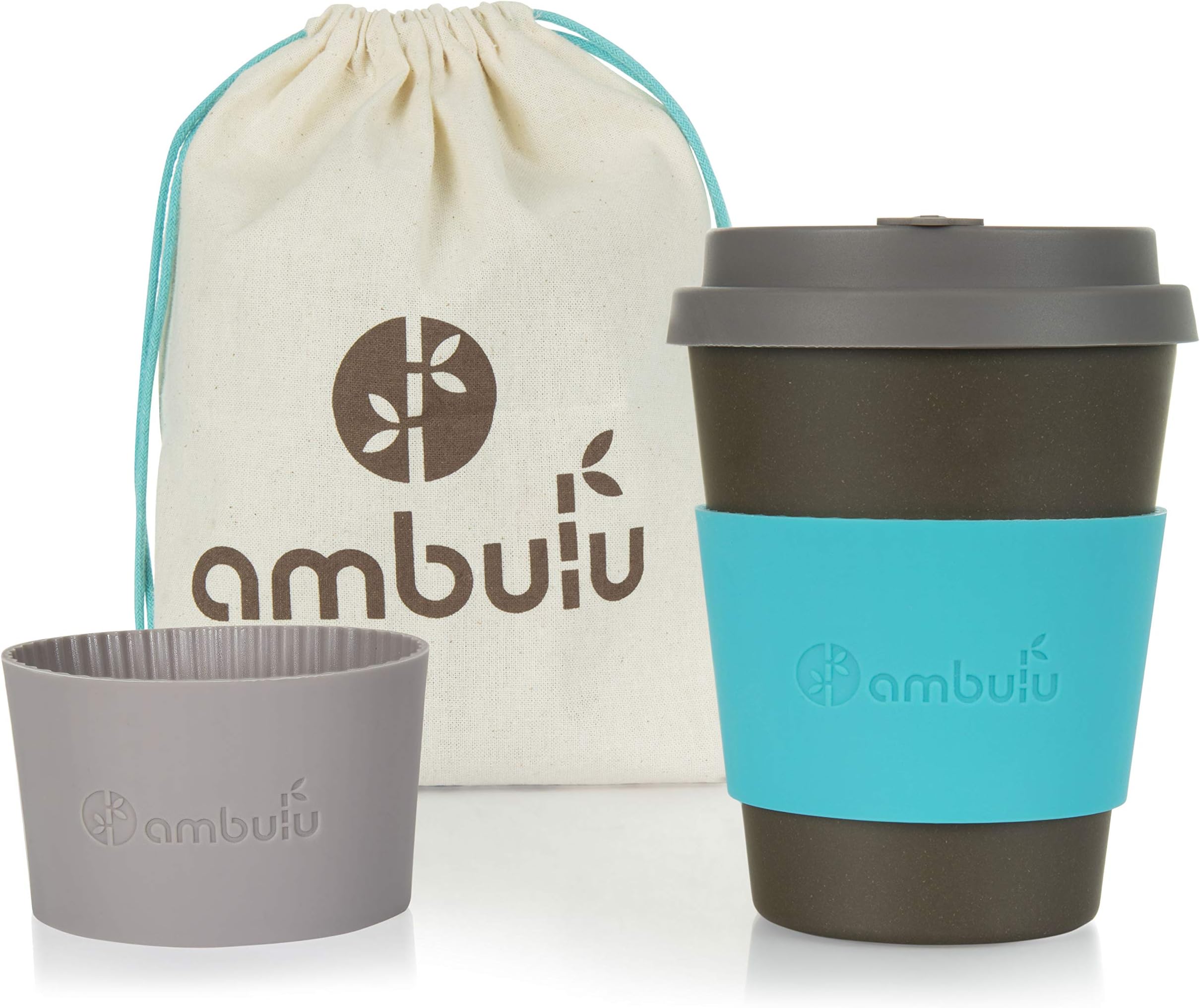 Ambulu Reusable Coffee Cup for Travel and Takeaway 350ml | Portable Bamboo Mug with Lid, 2 Sleeves, Carry Bag | Plastic and BPA Free | Dishwasher Safe Eco Cups 12oz