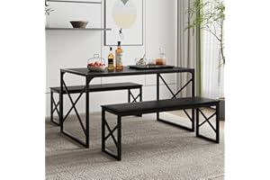 VECELO Kitchen Dining Table Benches Set for 4, 55" Wooden Dinette with 2 Benches, Heavy-Duty Dining Room Table for Small Space, Breakfast Nook, Black