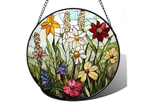 DASTOLL Stained Glass Window Hanging, Colorful Wildflowers Plant Scenery Suncatcher for Doors Window Home White Green Sun Catchers Decor Mother's Day Birthday Gifts for Women, Men Mom 6.3 in