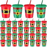 Yiyiring 36 Pcs Christmas Cups with Straws and Lids 16 Oz Santa Elf Belt Plastic Christmas Cups Tumbler Reusable Drinking Tool for Winter Holiday Xmas Party Decoration Drinkware Supplies