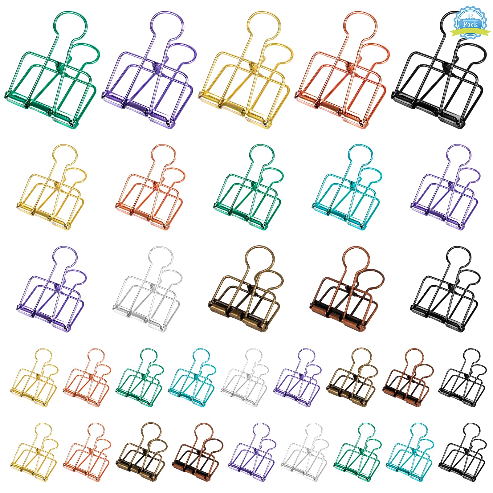 Coloured Binder Clip 33 Pcs Metal Hollow Paper Clamps 49/32/20mm Foldback Bulldog Paper Photo Stationary Clips for Office School Home（Random Color）