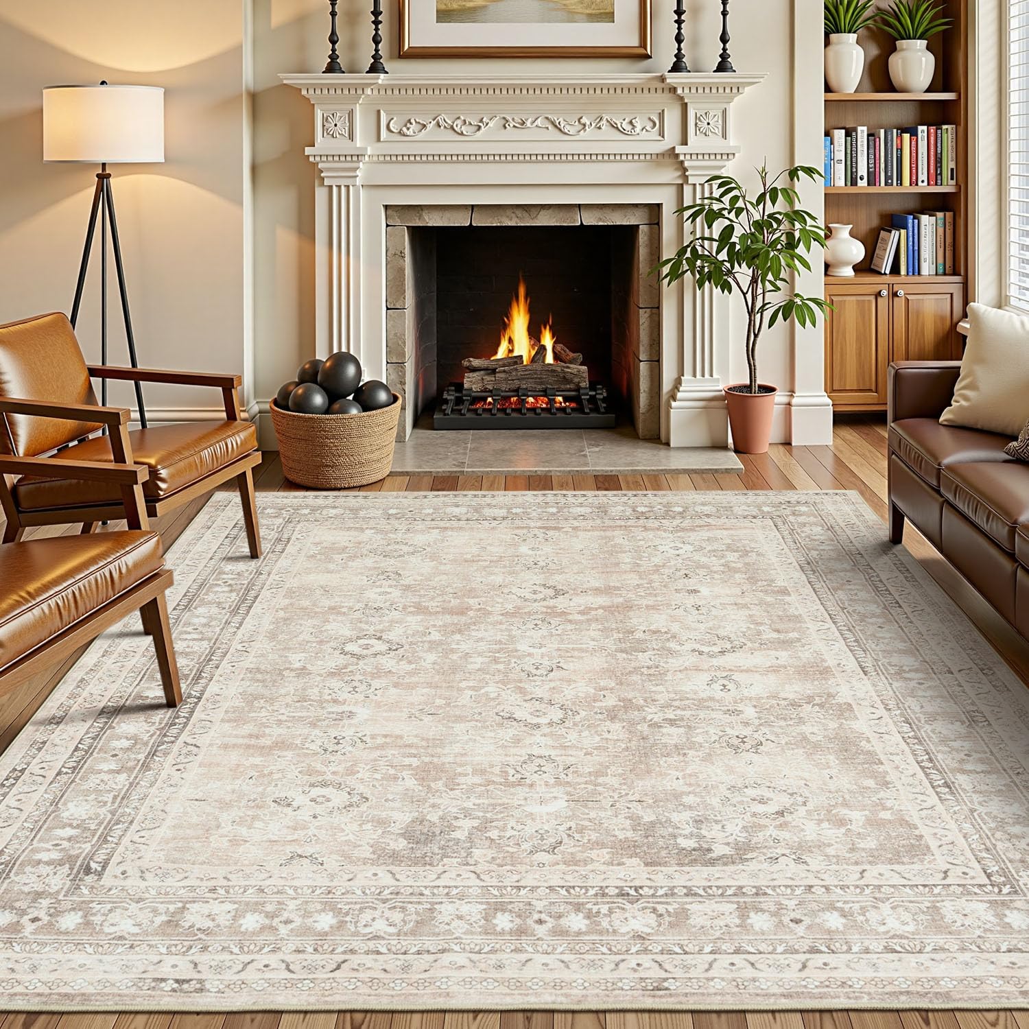 Photo 1 of Lessymo 5x7 Area Rugs for Living Room, Machine Washable Non Slip Rug, Soft Low Pile Carpet for Bedroom Dining Home Office, Vintage Beige Distressed Floral Floor Mat