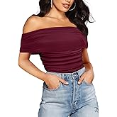 SAUNGKUAI Women's Short Sleeve Bodysuit Off the Shoulder Mesh Ruched One Piece Body Suits Summer Outfits Plum XL