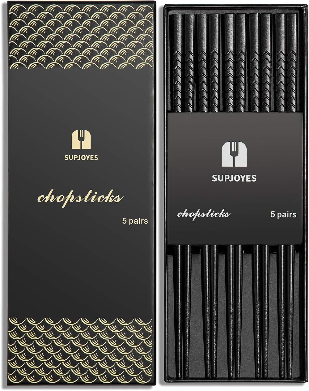 SUPJOYES 5 Pairs Fiberglass Chopsticks Dishwasher Safe Japanese Chinese 9.5 Inch