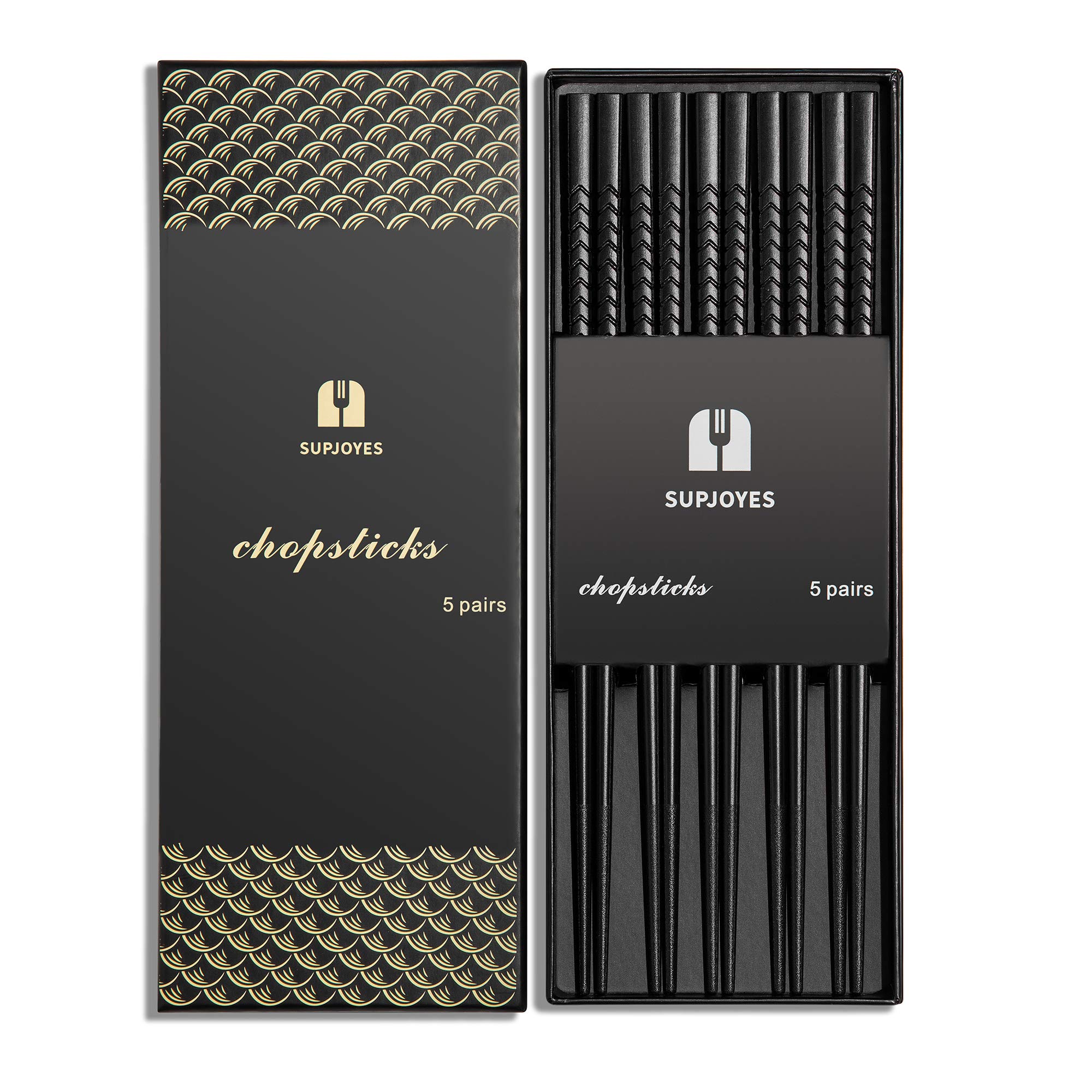 SUPJOYES 5 Pairs Fiberglass Chopsticks - Reusable Chopsticks Dishwasher Safe, Japanese Chinese Chop Sticks with Wave Pattern, 9 1/2 Inches — image 1