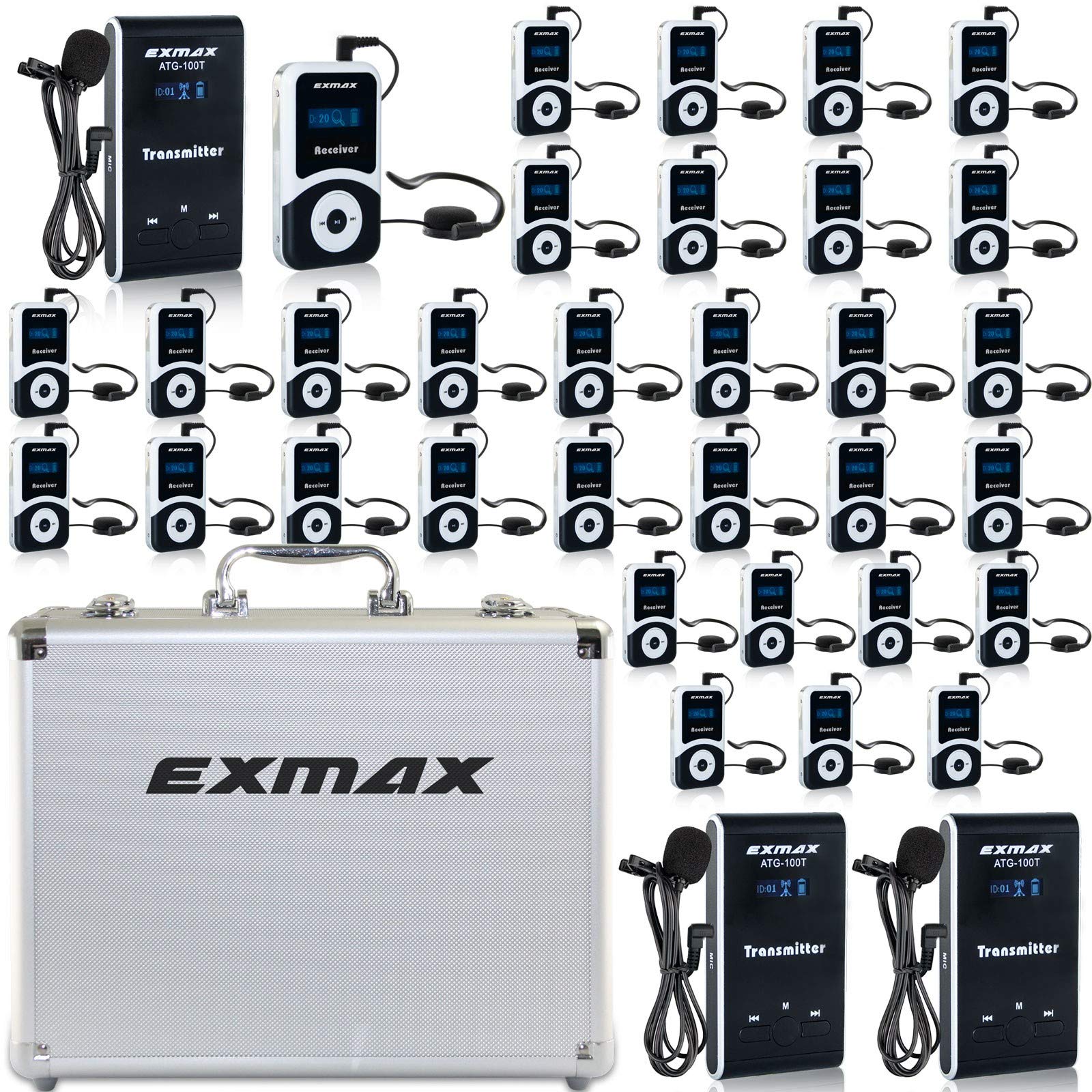EXMAX ATG-100T 195MHz Wireless Tour Guide System Simultaneous Translation with Carrying Case(NOT Charging Case),for Teaching,Conference,Tour Guides (3 Transmitters and 32 Receivers w/Silver Case)