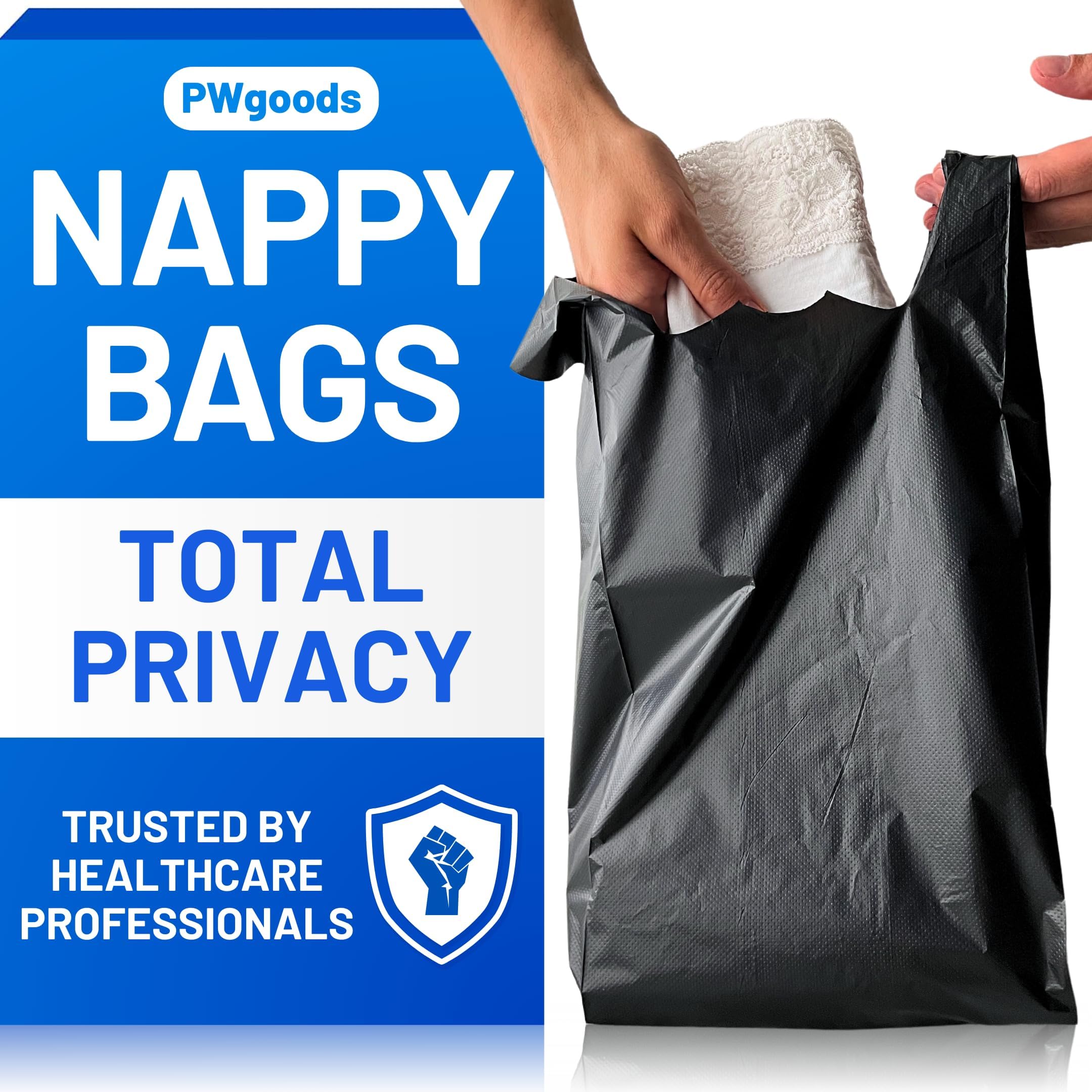 Adult Nappy Bags - 1000 Pack, 20% Thicker Sacks, Easy Tie Handles, Odour Free, Discreet Black Plastic, Strong Sanitary Disposal Bag