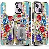 FUNMIKO for iPhone 15 Wallet Case with Card Holder, RFID-Blocking, Military-Grade Drop Protection & Floral Animal Design, Magnetic Closure with Leather Kickstand - Abstract Flowers