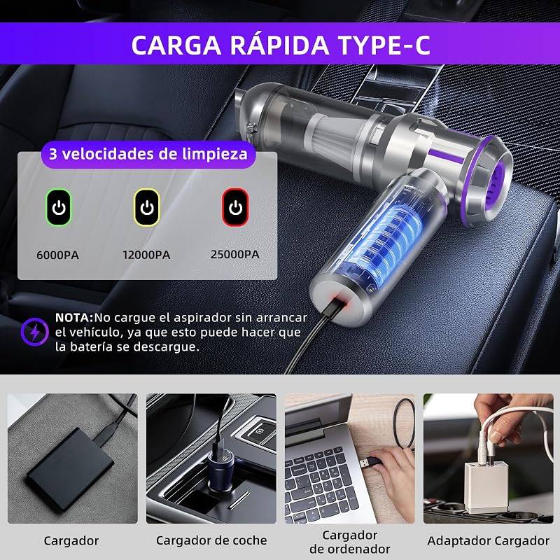 Aspirador de Mano, 25000Pa Aspiradora sin Cable Coche con Descarga de Polvo Automática con un Toque, 4 en 1 Aspirador Coche, Motor sin Escobillas, 3 Niveles, Ideal para Pelo de Mascotas, Coche, Hogar — foto 5 de 7