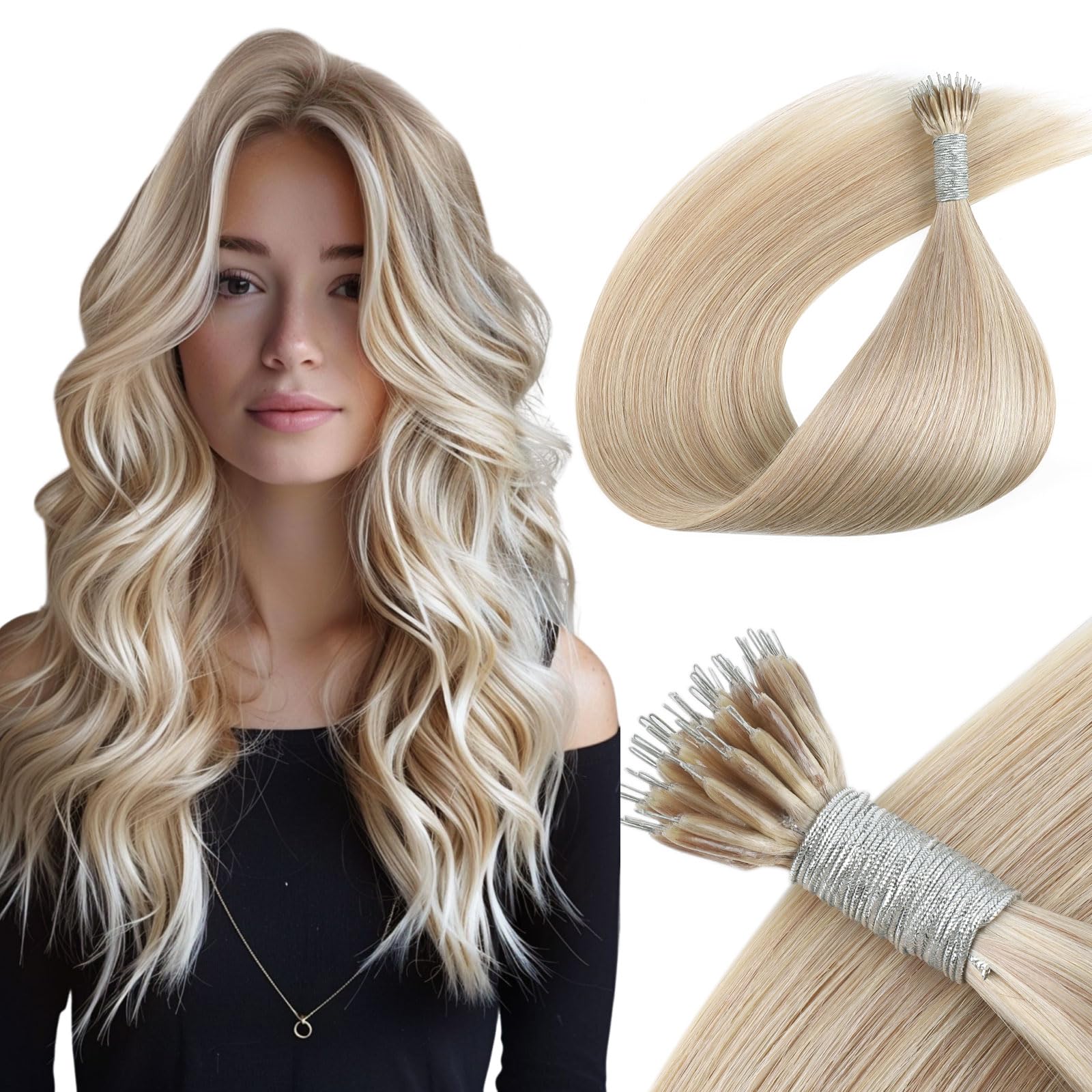 Yuniffe Nano Hair Extensions Real Human Hair Ombre Color Ash Blonde to Bleach Blonde Nano Ring Hair Extensions Remy Straight Nano Beads Hair Extensions Natural Long Straight 16 Inch 50g/50s