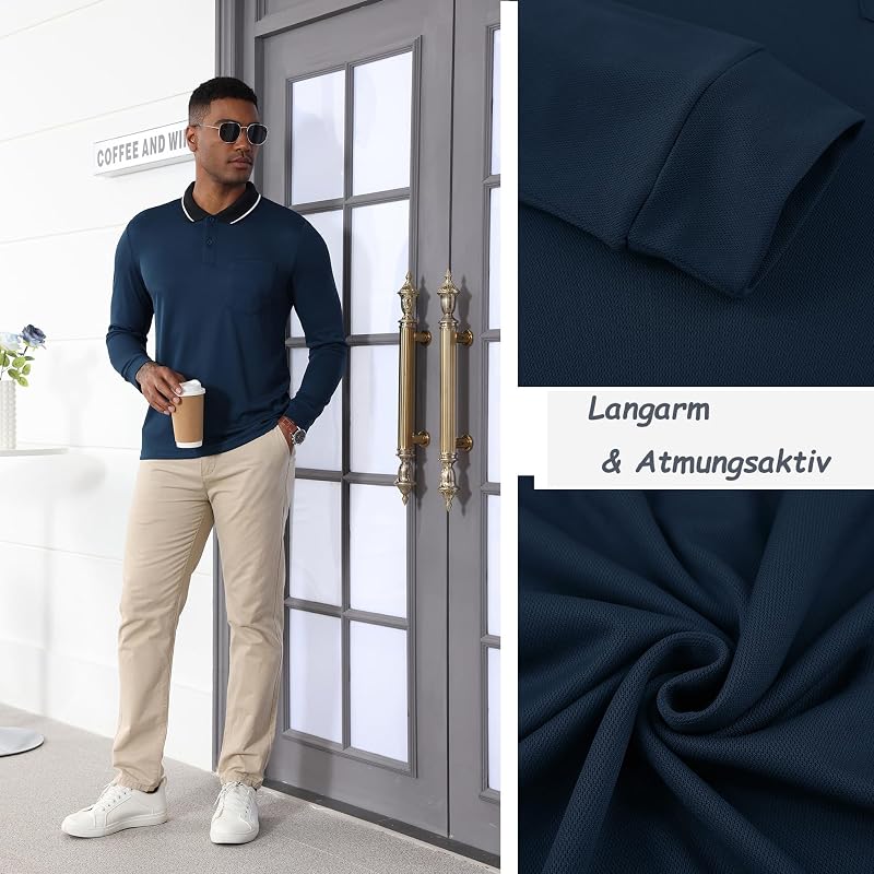 Poloshirt Herren Langarm Knopfkragen Arbeitshemd Atmungsaktiv Arbeits Poloshirts Button Down Polohemd Golf Frühling Herbst Casual Polo Hemd,Marineblau,M