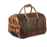 Leather Trolley Duffel Bag 20 Inch for Men & Women – Genuine Buffalo Leather Travel Weekender Overnight Bag with Wheels & Shoulder Strap