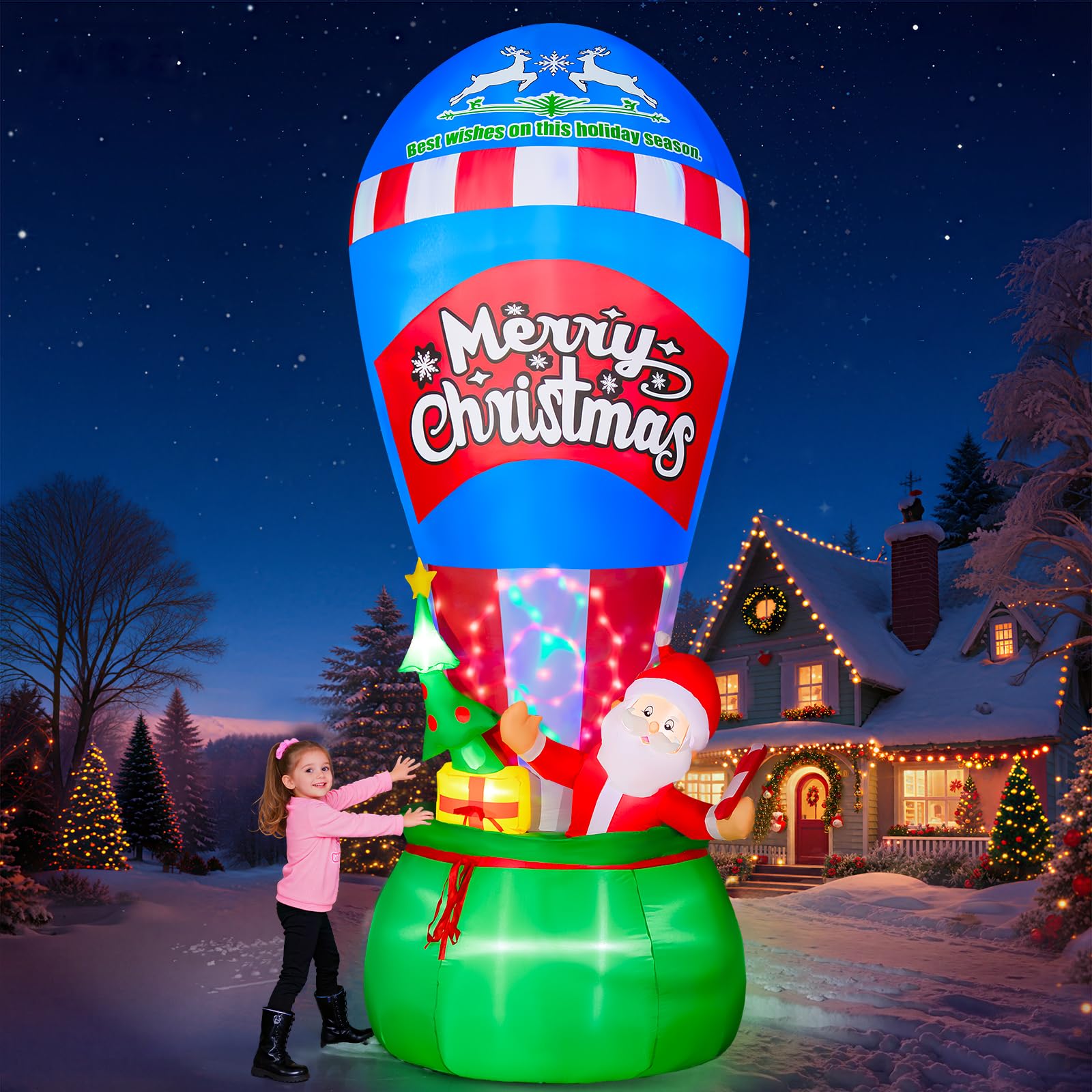 Photo 1 of 12FT Christmas Outdoor Inflatables - Giant Inflatable Hot Air Balloon Santa with Built-in Colorful Rotating LED Lights Christmas Blow Up Yard Decorations for Garden Lawn Party Xmas Decor