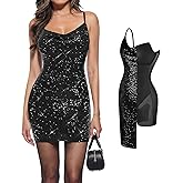 Popilush Sequin Mini Dress for Women - Slimming Shapewear with Cowl Neck Bodycon Sparkly Gown Cocktail Party and Club