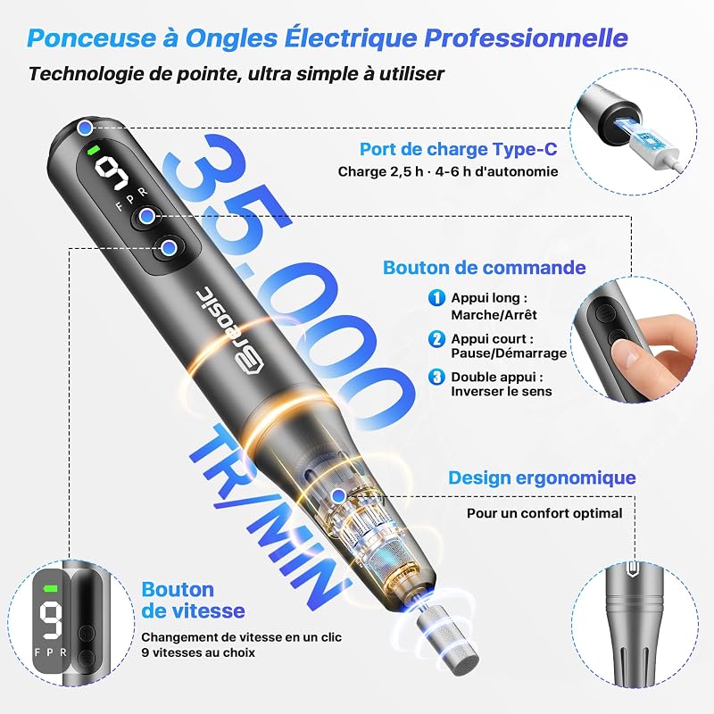 Ponceuse pour Ongles Professionnel Lime à Ongle Électrique Grise — photo 2 sur 8