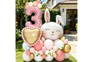 Bunny Themed Number 3 Balloon Column Set (1-9 Variants) - Pink Number, Cute Rabbit & Colorful Balloons for 3 Year Old Girl Bi