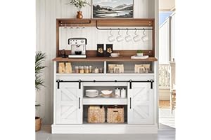 YITAHOME 47" Coffee Bar with Goblet Holder & Power Outlet, Buffet Cabinets with Storage,Farmhouse Sideboard Cabinets with Sliding Barn Doors for Kitchen, Living Room (White)
