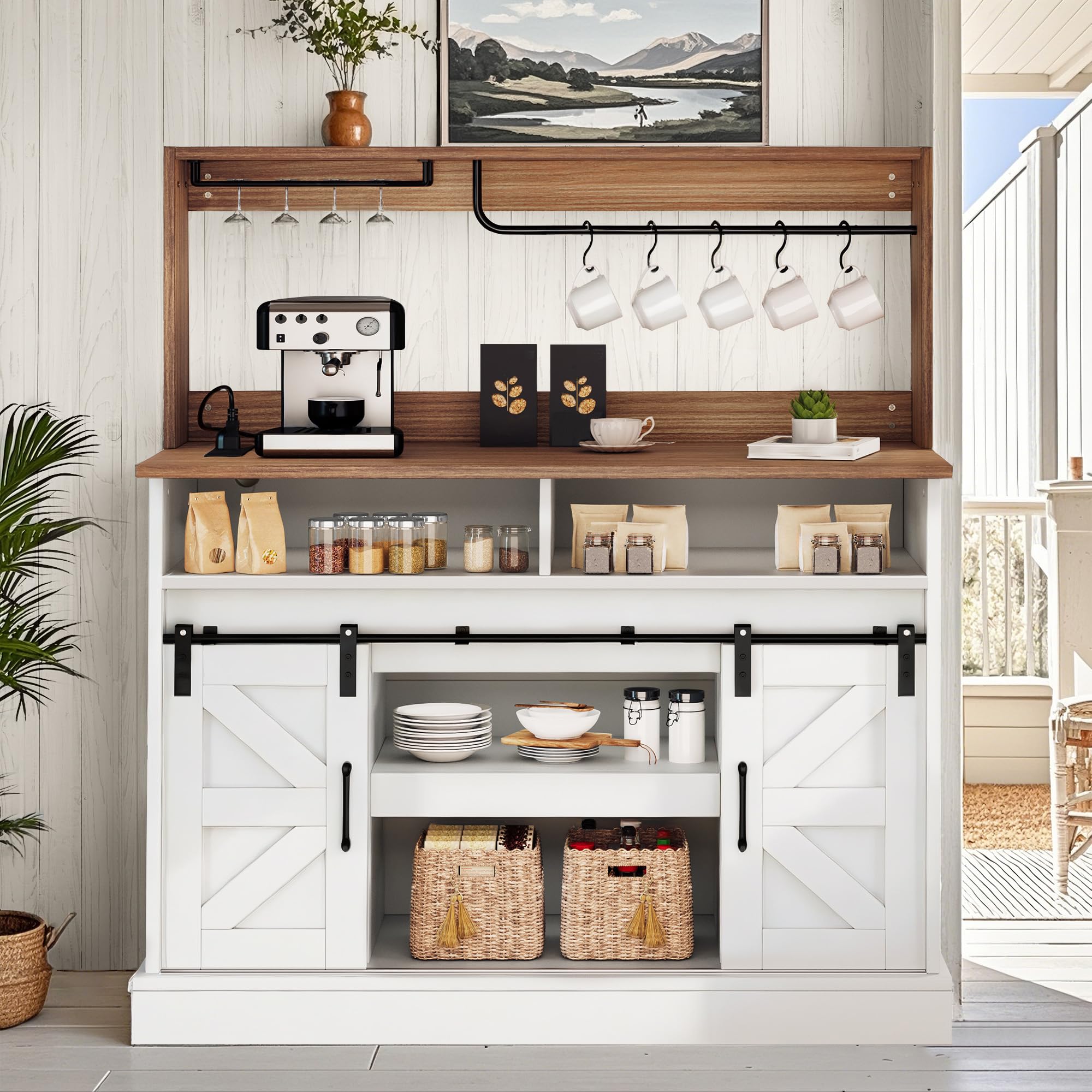 Photo 1 of ***(PARTS ONLY/ MISSING PARTS/ NON FUNCTIONAL)***YITAHOME 47" Coffee Bar with Goblet Holder & Power Outlet, Buffet Cabinets with Storage,Farmhouse Sideboard Cabinets with Sliding Barn Doors for Kitchen, Living Room (White)