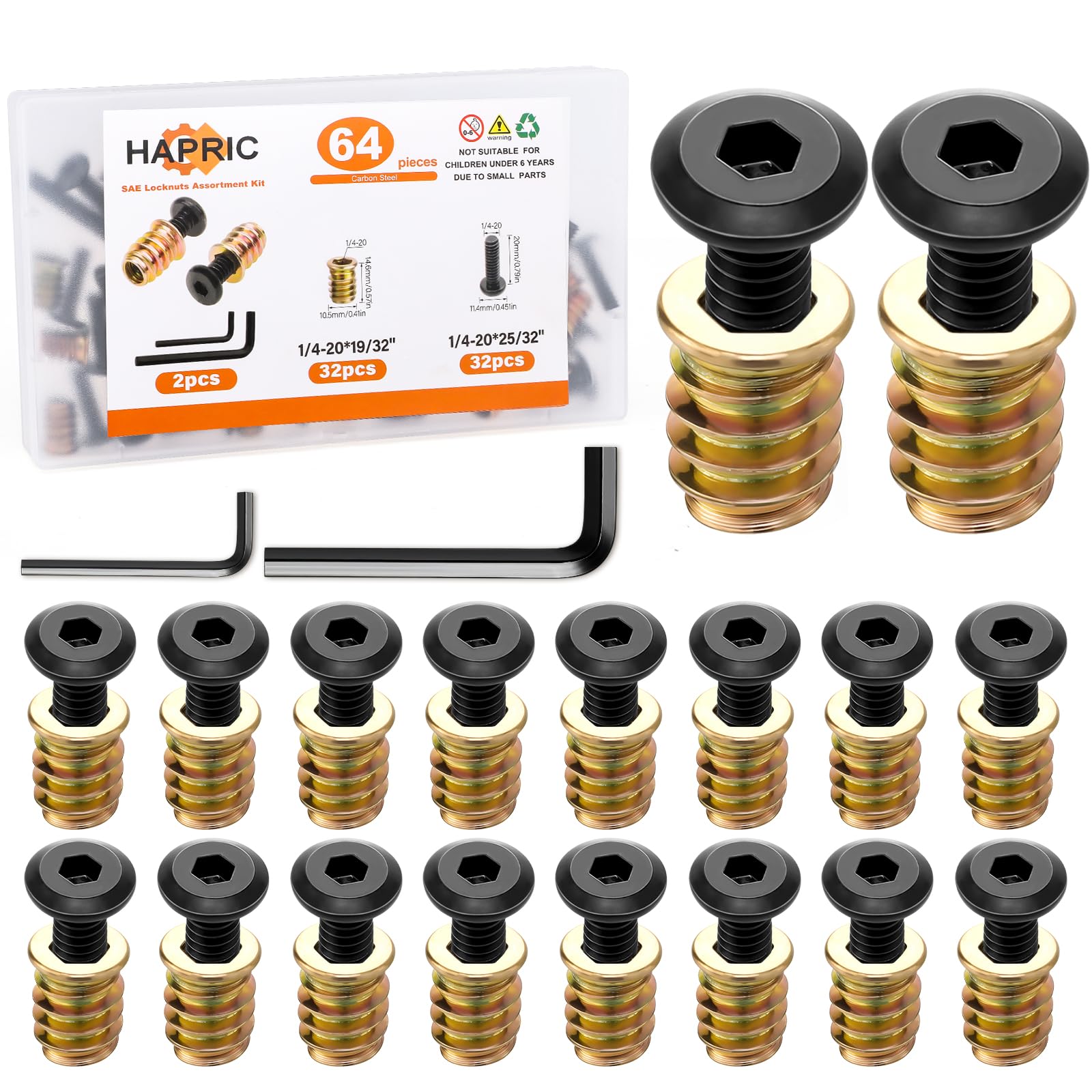 Photo 1 of 32 Sets Threaded Inserts for Wood Furniture Screws - 1/4-20 x 25/32" Inserts and Bolts - Hex Socket Drive - 1/4-20 x 19/32" Screw-in Nuts