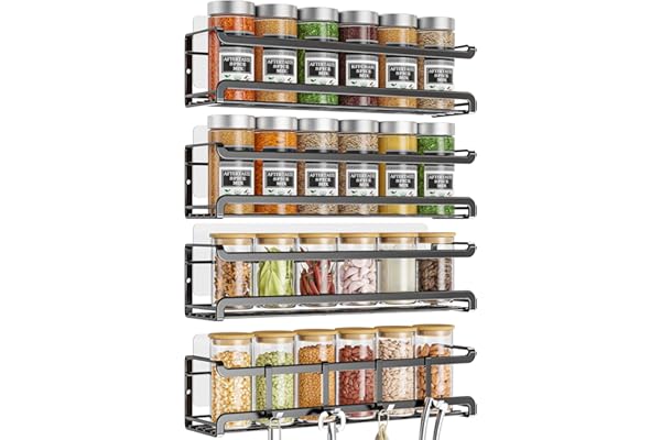 Spice Rack Wall Mounted 4 Pack, Black,For Spice Jars & Seasonings | 4 Removalble Hooks,Screw or Adhesive Hanging, Space-Savin