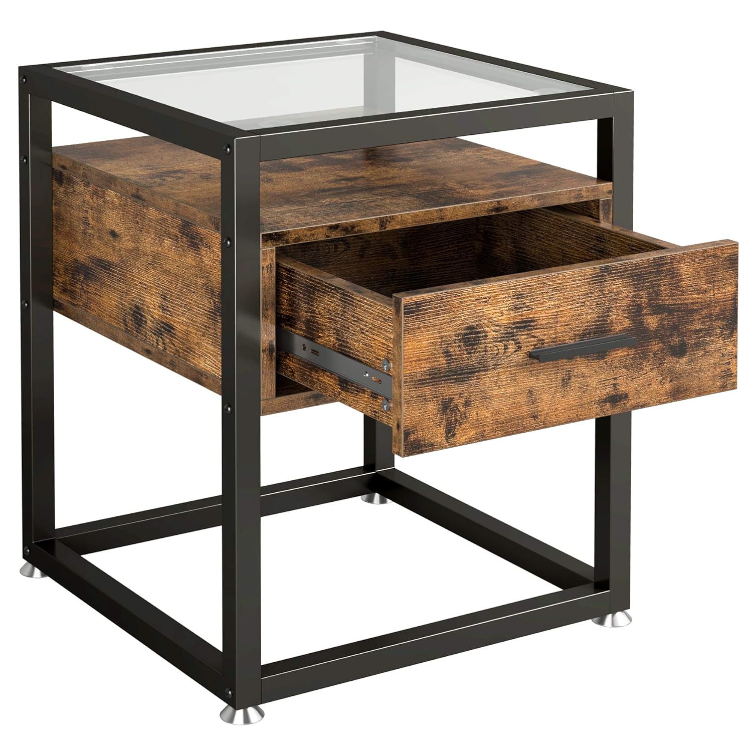 Ironck Industrial Side Tables Living Room Nightstand Bedroom With Drawer And Rustic Shelf Wood And Tempered Glass End Table Rustic Home Decor Amazon In Home Kitchen