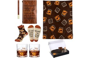 Potchen 7 Pcs Bourbon Gifts Set for Bourbon Whiskey Lovers Including Socks Journal Notebook with Pen Throw Blankets and 2 Glasses with Gift Box for Men Fathers Husband Boyfriend for Christmas Birthday