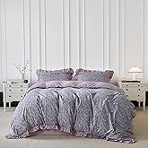 YuHeGuoJi Purple Ruffle Duvet Cover Queen 100% Cotton Cute Floral Duvet Cover 3 Pcs Set 1 Decorative Romantic Botanical Duvet Cover with Zipper Ties 2 Pillow Shams Lilac Purple Flower Bedding