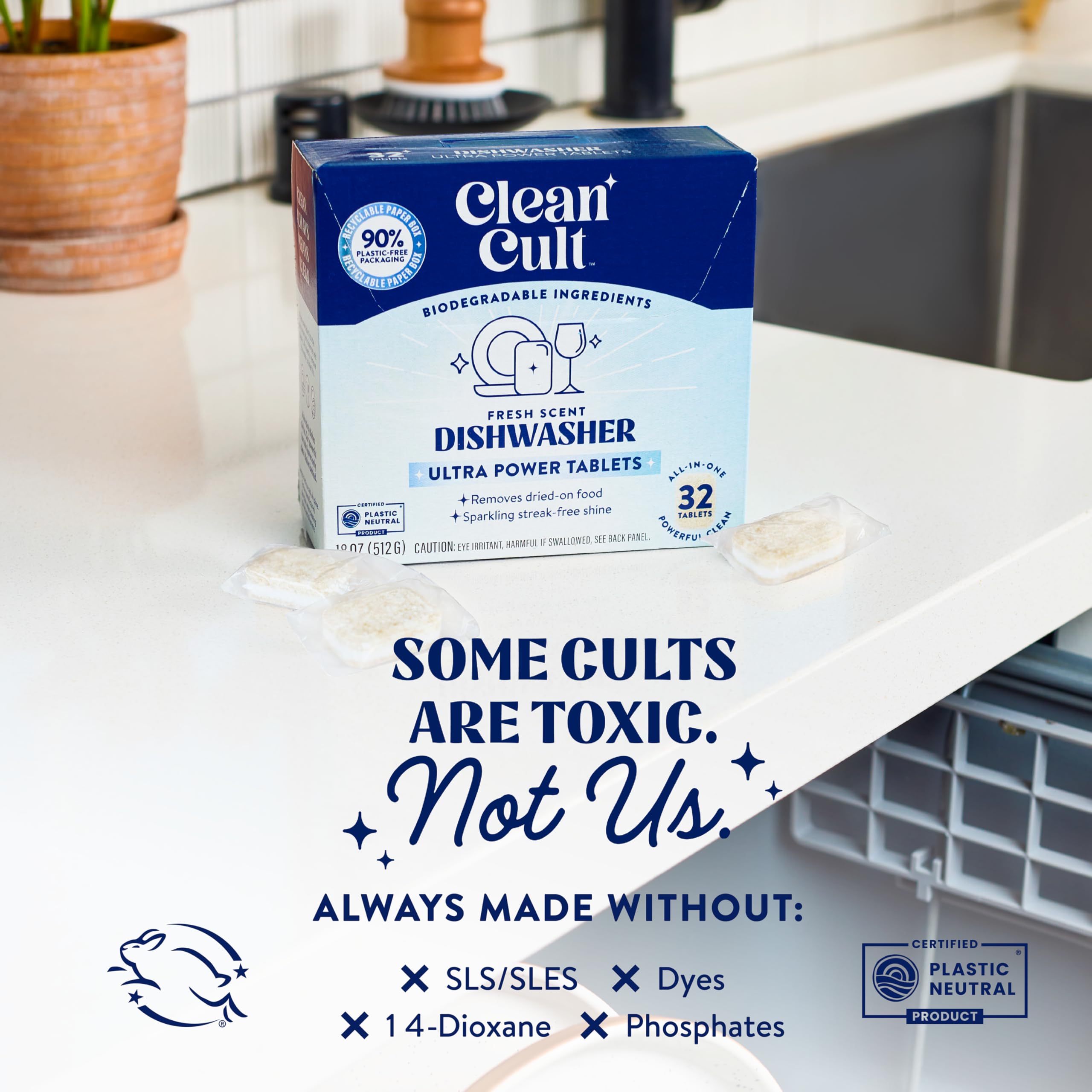 Cleancult Ultra Power Dishwasher Detergent Pods for Sparkling Streak-Free Shine, All-In-One, No Plastic Waste, 32 Count