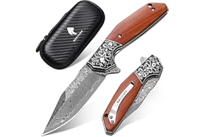 SECANOX Damascus Pocket Knife for Men, Sharp 3.34" Damascus Steel Blade and Wooden Handle, Folding Knives EDC knifes for Outdoor Camping Hiking