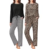 Ekouaer 2 Pack Women Pajama Long Sleeve Sleepwear Soft Loungewear Pjs Sets with Pockets S-XXL