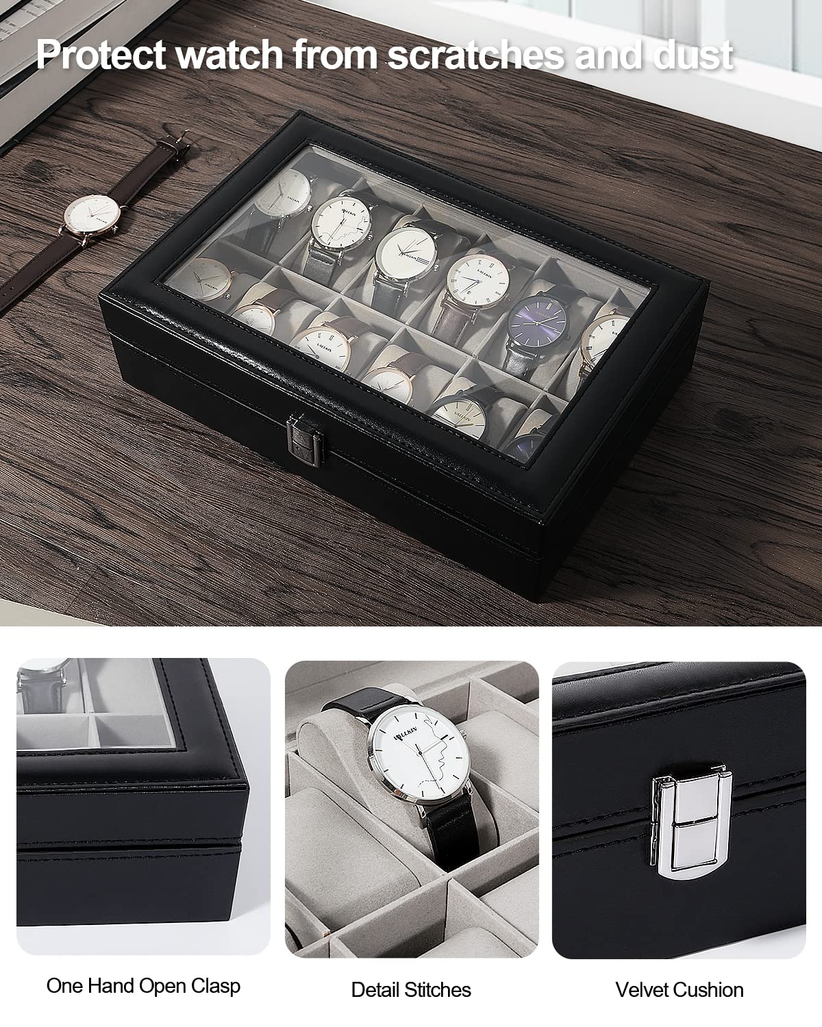 Uten Watch Box, 12 Slots Leather Watch Case, Watch Box Organizer Jewelry Storage with Large Glass Lid, Watch Display Case, Watch Box for Men & Women