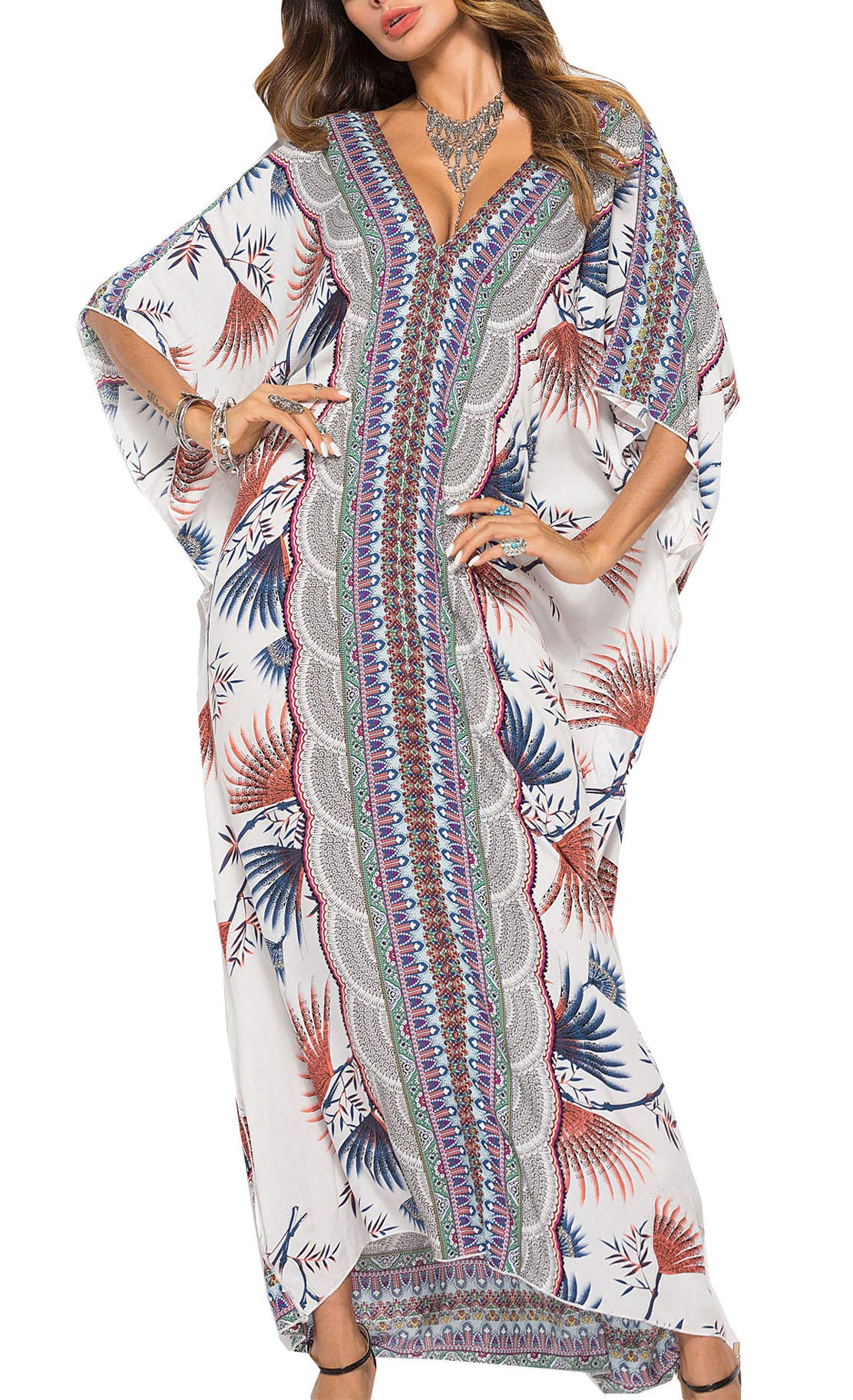 Women Kaftan Loose Short Sleeve Printed Cotton Summer Long Dress Beach Bikini Cover Ups Night Wear (One Size, Color #1)