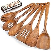 Wooden Spoons for Cooking, 6 Pcs Natural Teak Wooden Kitchen Utensils Set, Cooking Utensils Set with Long & Comfort Grip, Wooden Spoons Spatula Set Perfect for Non-Stick Cookware