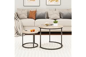 HOMERECOMMEND Round Nesting Coffee Table Modern Nesting Side Set of 2 End Table, for Living Room,Round Wooden Accent Coffee Table with Solid Powder-Coated Metal Frame A Black/White Oak