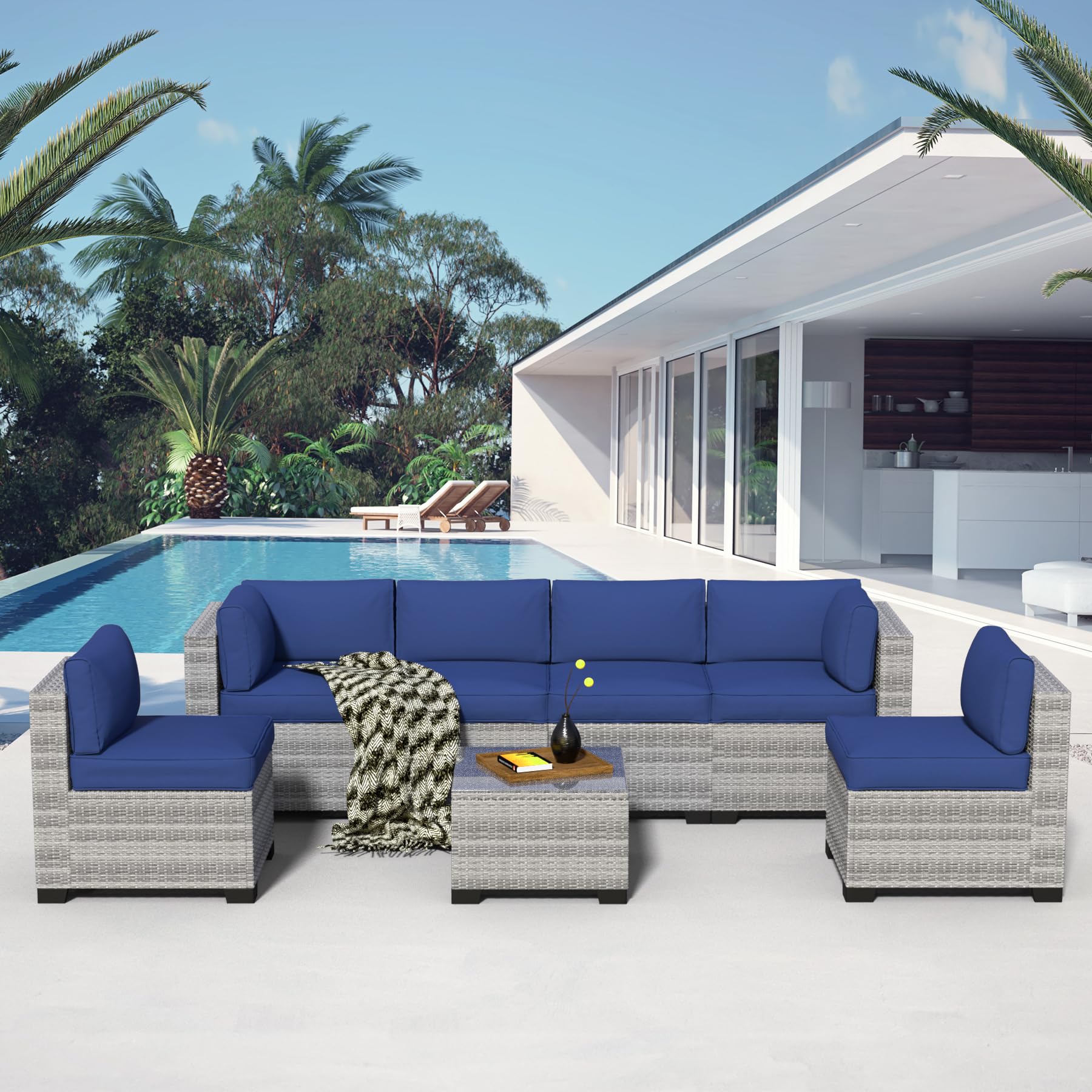 Photo 1 of *** PARTIAL SET *** 7-Piece Outdoor Sectional Patio Furniture Set, All-Weather Wicker Rattan Sofa w/Thick Washable Cushions & Tempered Glass Table, Perfect for Garden, Poolside, Backyard (7, Graywhite&Navy Blue) ONLY ONE CHAIR PIECE