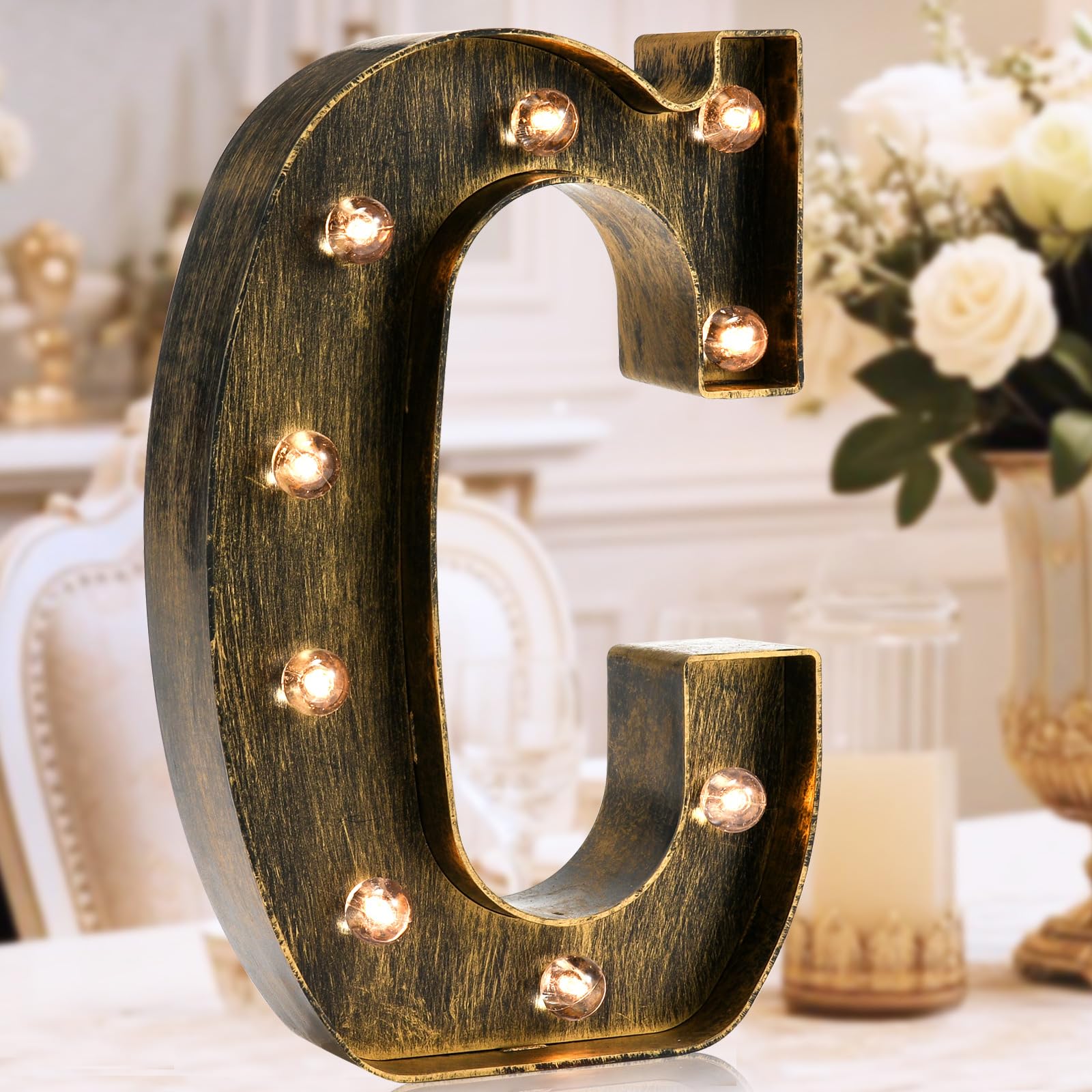 Oycbuzo Golden Black Led Marquee Letter - Industrial, Vintage Style Light Up Alphabet Letter Sign for Cafe Wedding Birthday Party Christmas Lamp Home Bar Initials Decor - C