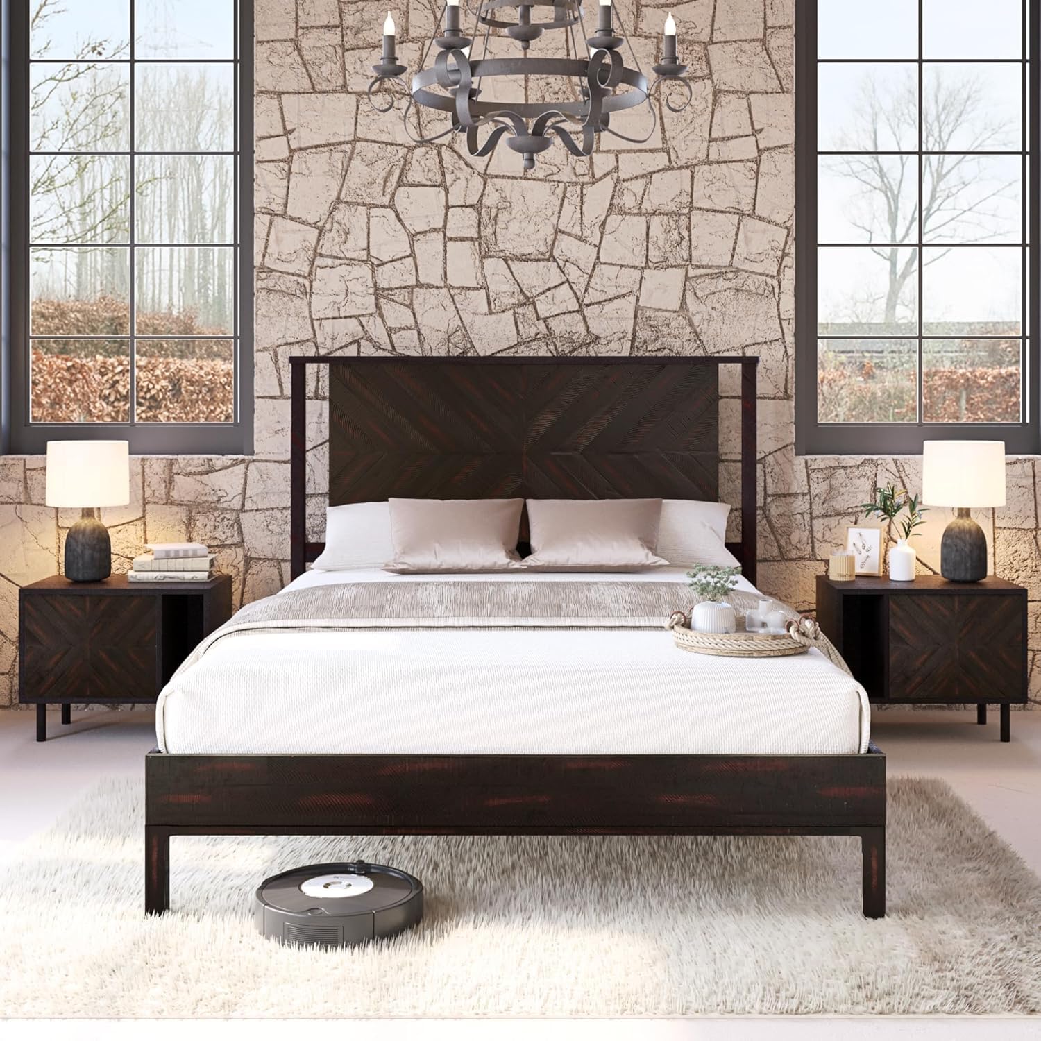 Bme Vivian 14 Inch Deluxe Bed Frame with Headboard, Rustic & Scandinavian Style with Solid Acacia Wood, No Box Spring Needed, 12 Strong Wood Slat Support, Easy Assembly, Queen, Rustic Black Image Bme Vivian 14 Inch Deluxe Bed Frame with Headboard, Rustic & Scandinavian Style with Solid Acacia Wood, No Box Spring Needed, 12 Strong Wood Slat Support, Easy Assembly, Queen, Rustic Black Image