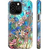 Generic Case for iPhone 16 Pro Max,Stained Glass Bloom Flower Phone Case Drop Resistant Glossy 2 in 1 Solid Dual-Layer Cover for Girl Women