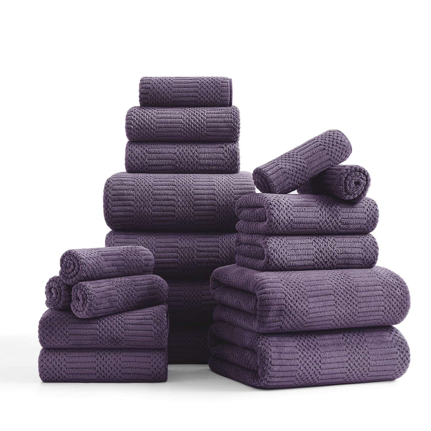 Photo 1 of 18 Pcs Purple Woven Family Towels Set-6 Bath Sheets,6 Hand Towels,6 Washcloths Soft Polyester Towels Absorbent Shower Towel Quick Dry Beach Chair Towel Lint Less Towels Set for Bathroom Spa Gym Hotel