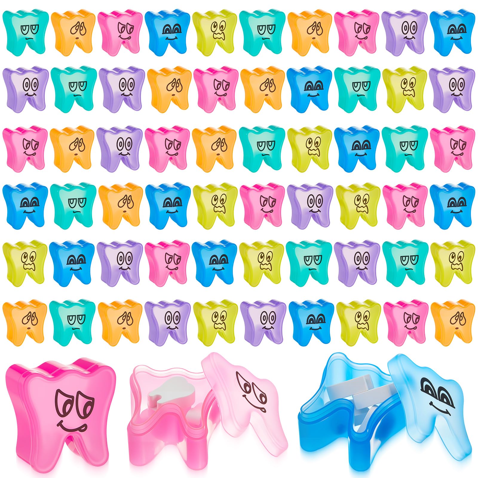 Photo 1 of Beeveer 60 Pcs Colorful Tooth Saver Box for Kids Boys Girls Plastic Lost Fairy Tooth Holder Bulk Keepsake for School Classroom Dentist Baby Teeth Party Favor Bag Fillers, 6 Colors, 1.69*1.69*1.06 Inch