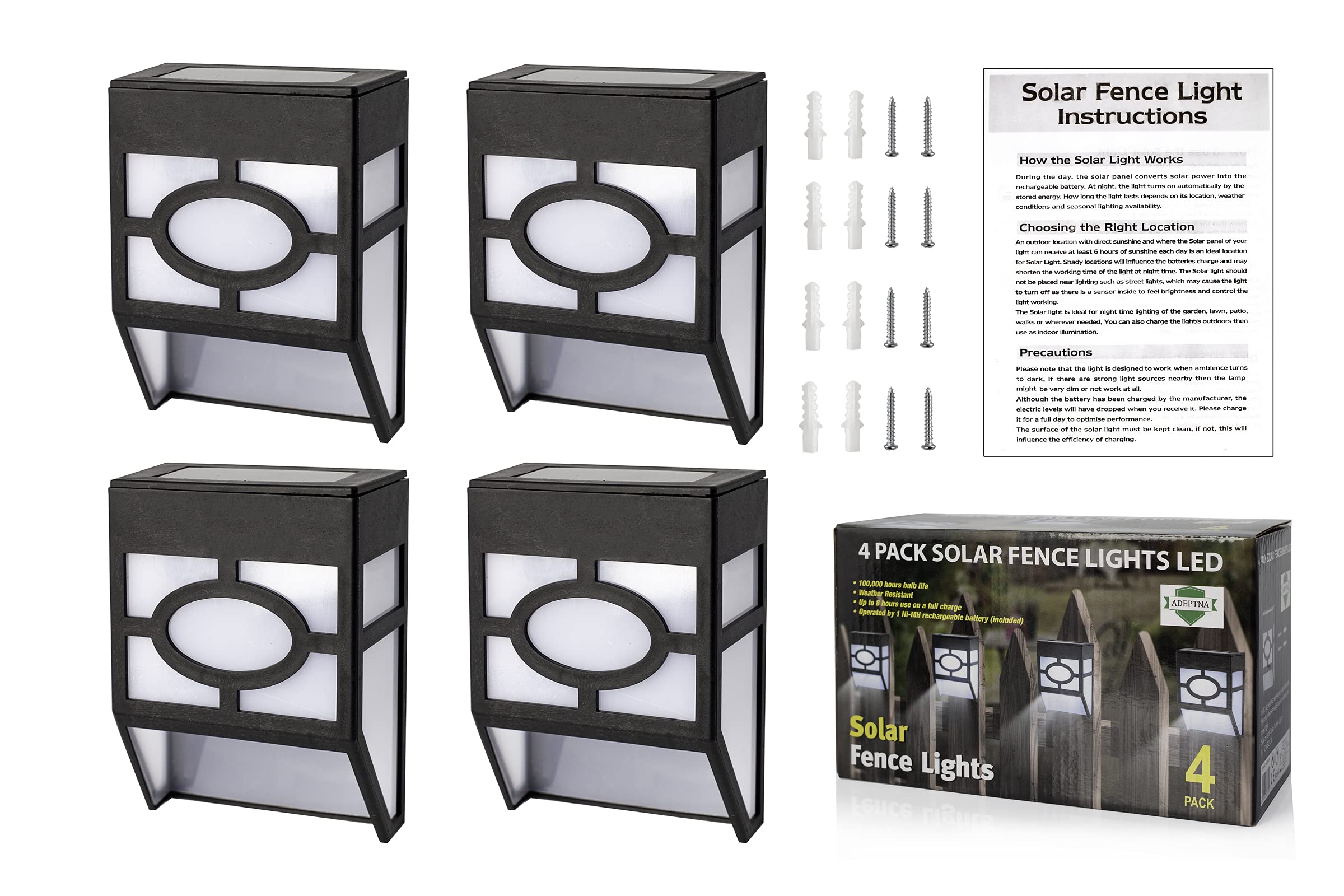 ADEPTNA 4 Pack Solar Fence Lights LED for Outdoor Garden Deck Fence Patio Path Yard Landscape Walkways Sheds etc