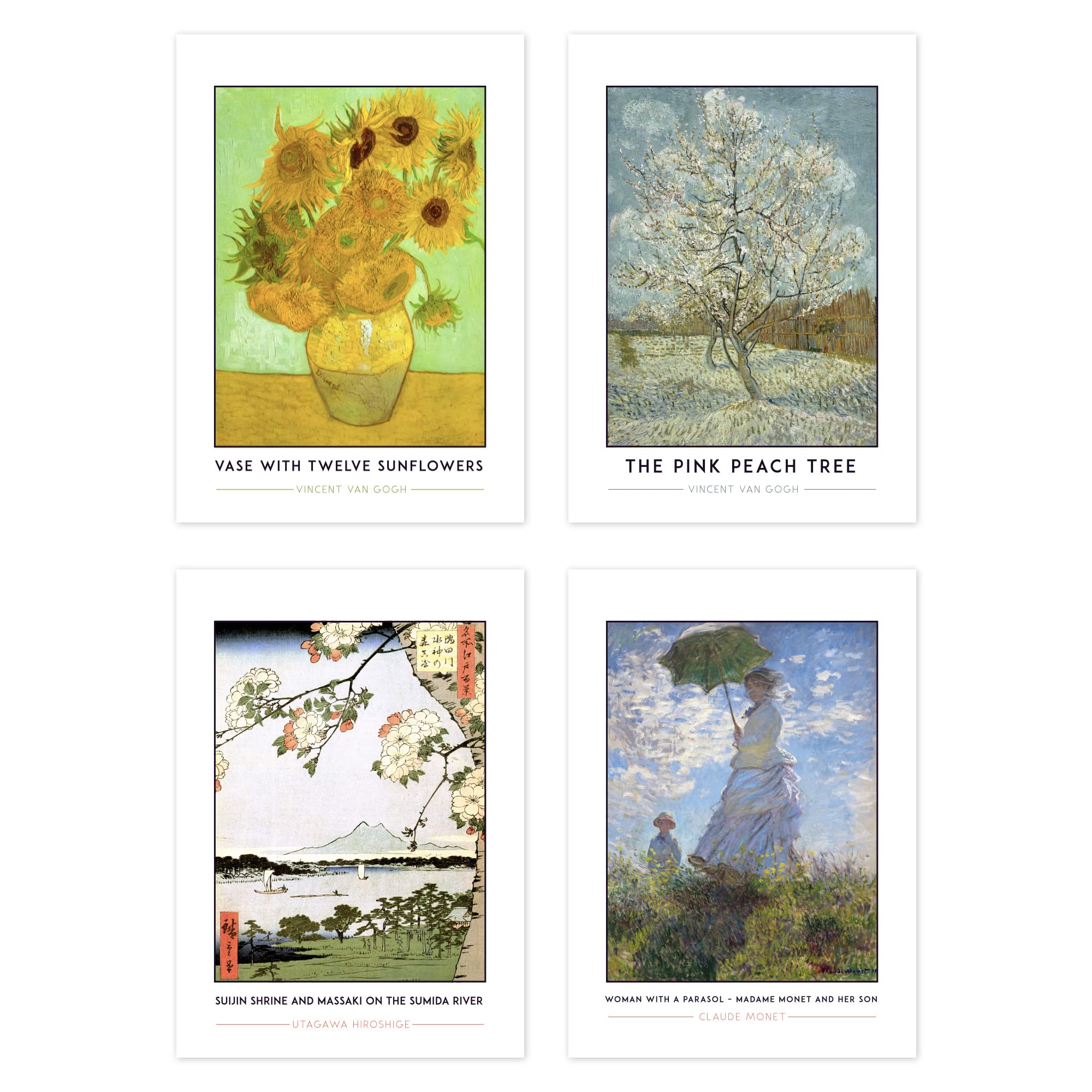 Wee Blue Coo Classic Paintings Van Gogh Sunflowers Utagawa Suijin Shrine Monet Woman Parasol A4 Poster Pack of 4 Wall Art