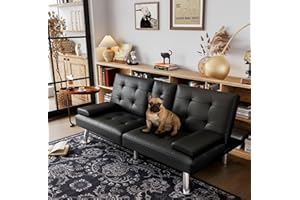LINSY HOME Futon Couch, Futon Sofa Bed, Modern Faux Leather Black Futon Bed, Futon Convertible Recliner Folding Sleeper Sofa, Adjustable Backrest, Small Futon for Small Rooms, RV, Guest Room, Black