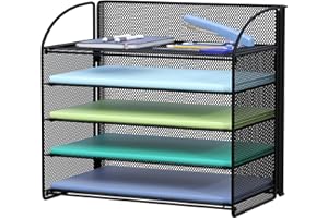 GDINDINFAN 5-Tier Letter Tray Paper Organizer with Handle, Mesh Desk File Organizer Paper Sorter Holder Desktop Document Shelf Storage Organization for Office, Home or School, Black
